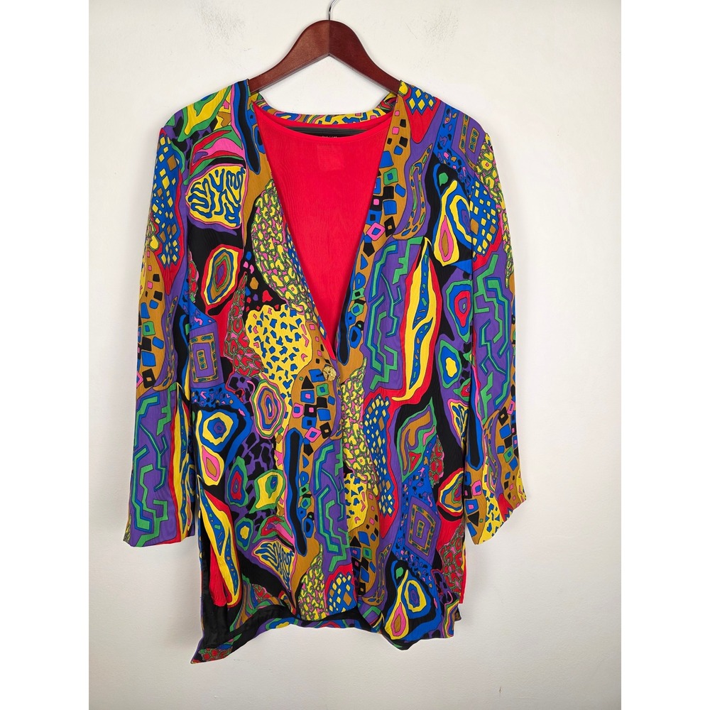 Diane Freis Original Vintage Abstract Print‎ Blazer Red Tee Button Front Women